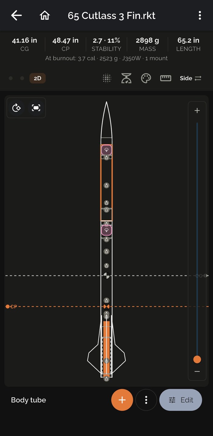 2D rocket diagram showing center of gravity and center of pressure