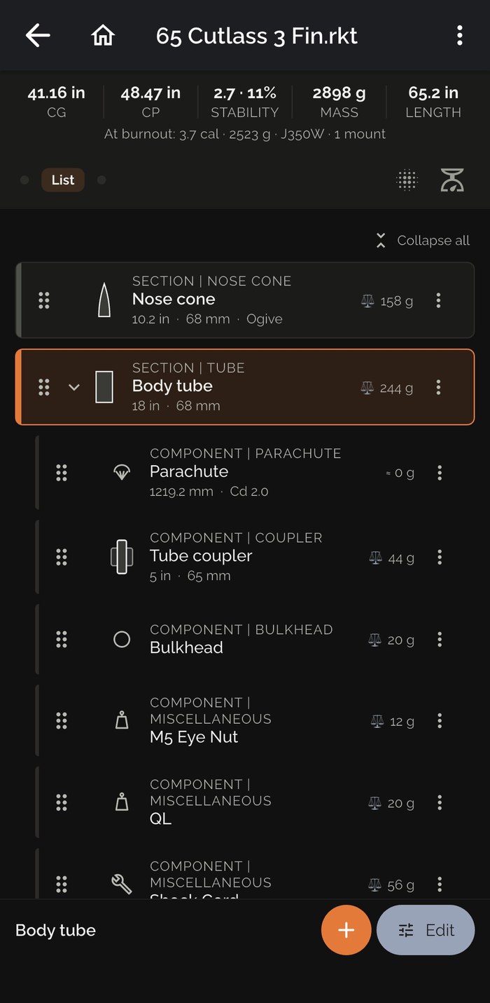 Design Lab component list for a rocket build