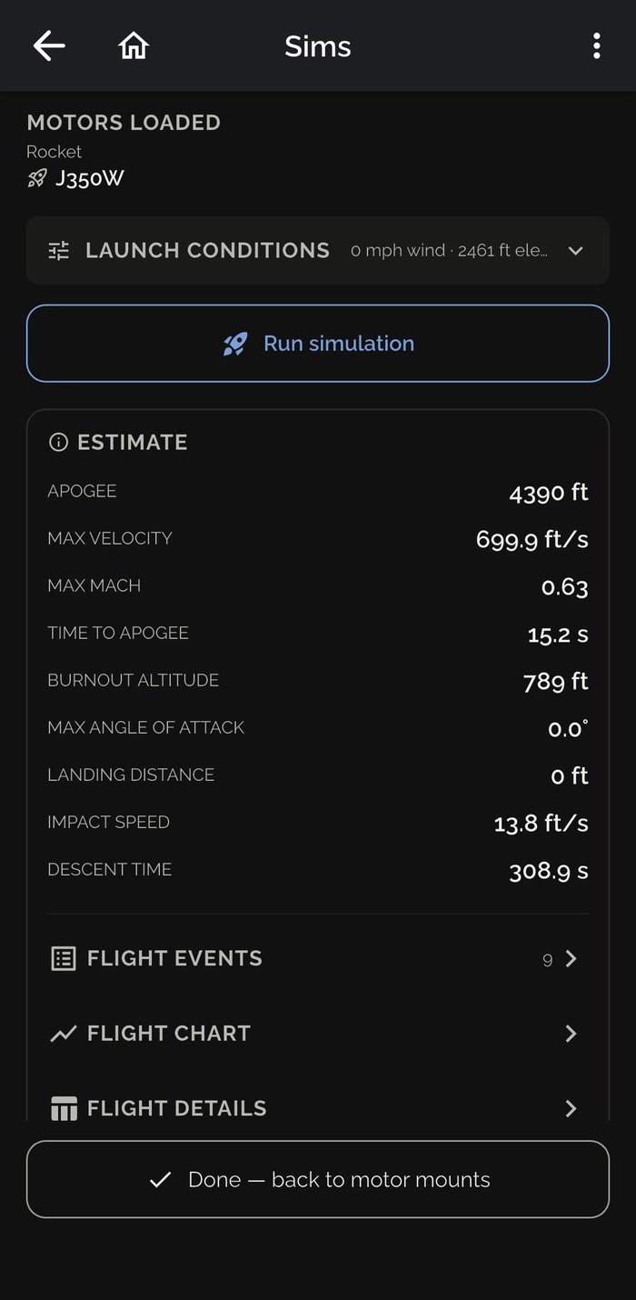 Flight simulation results screen showing apogee and max velocity